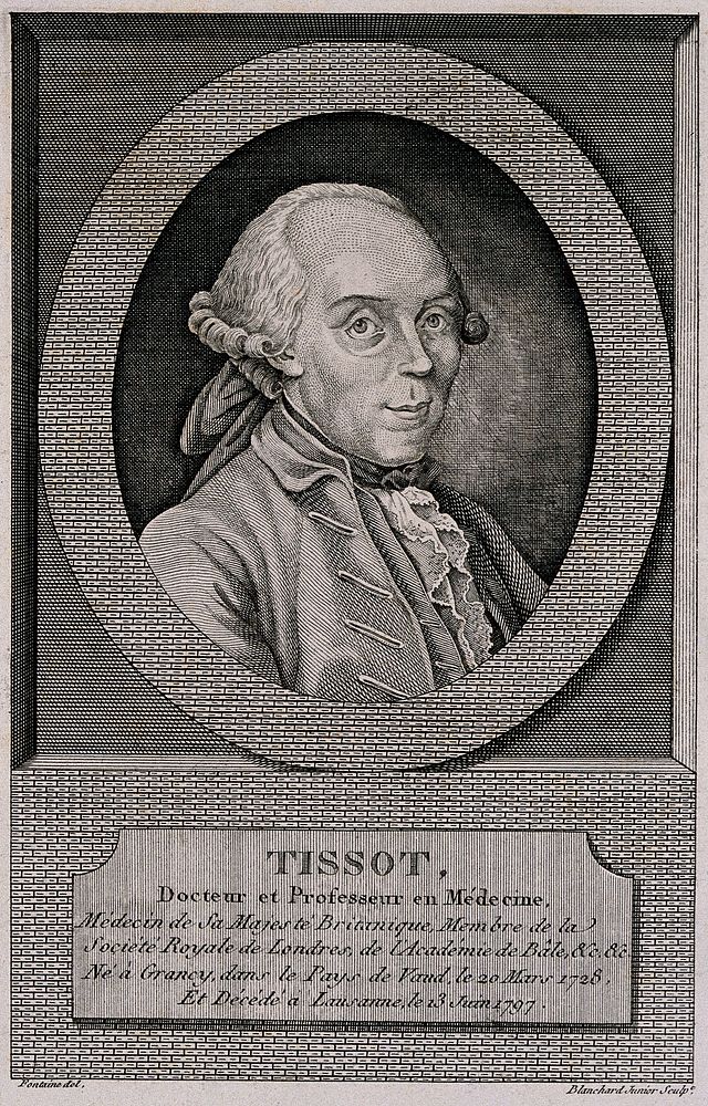 Simon André Tissot. Line engraving by A. Blanchard after Fontaine.