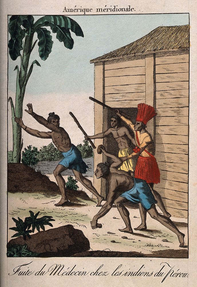 Three angry Indians throwing stones and sticks at a medicine man. Coloured engraving.