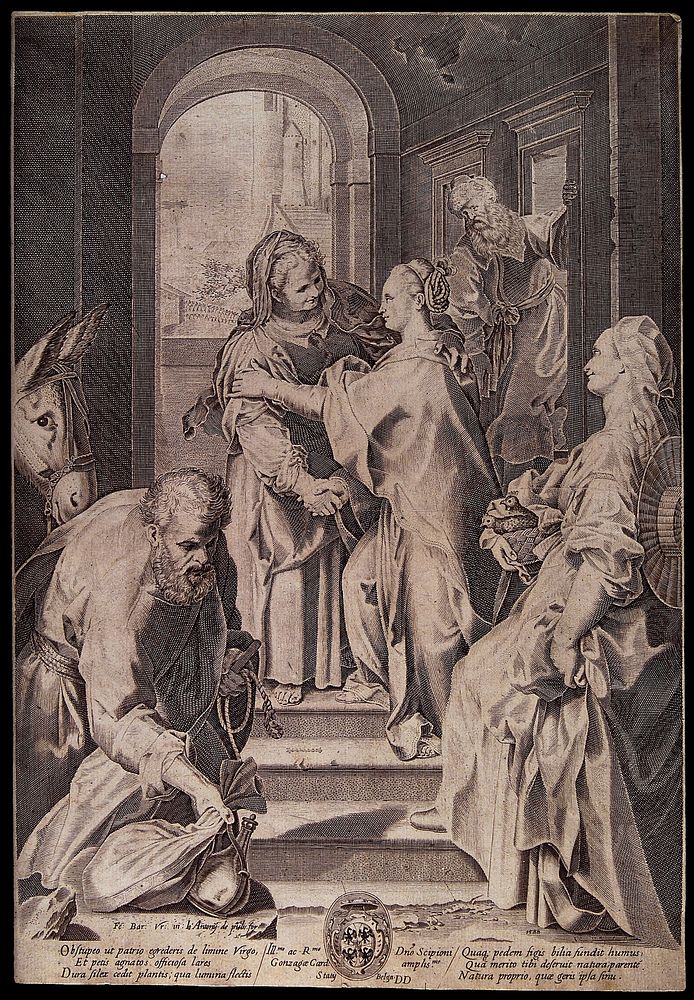 The Visitation of Mary to Elizabeth. Engraving, 1588, after F. Baroccio.