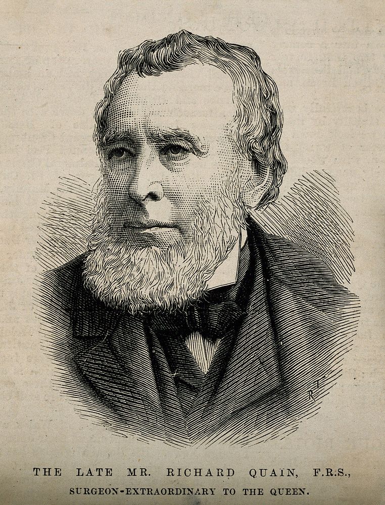 Richard Quain, surgeon at University College Hospital, London. Wood engraving by R. Taylor, 1887.