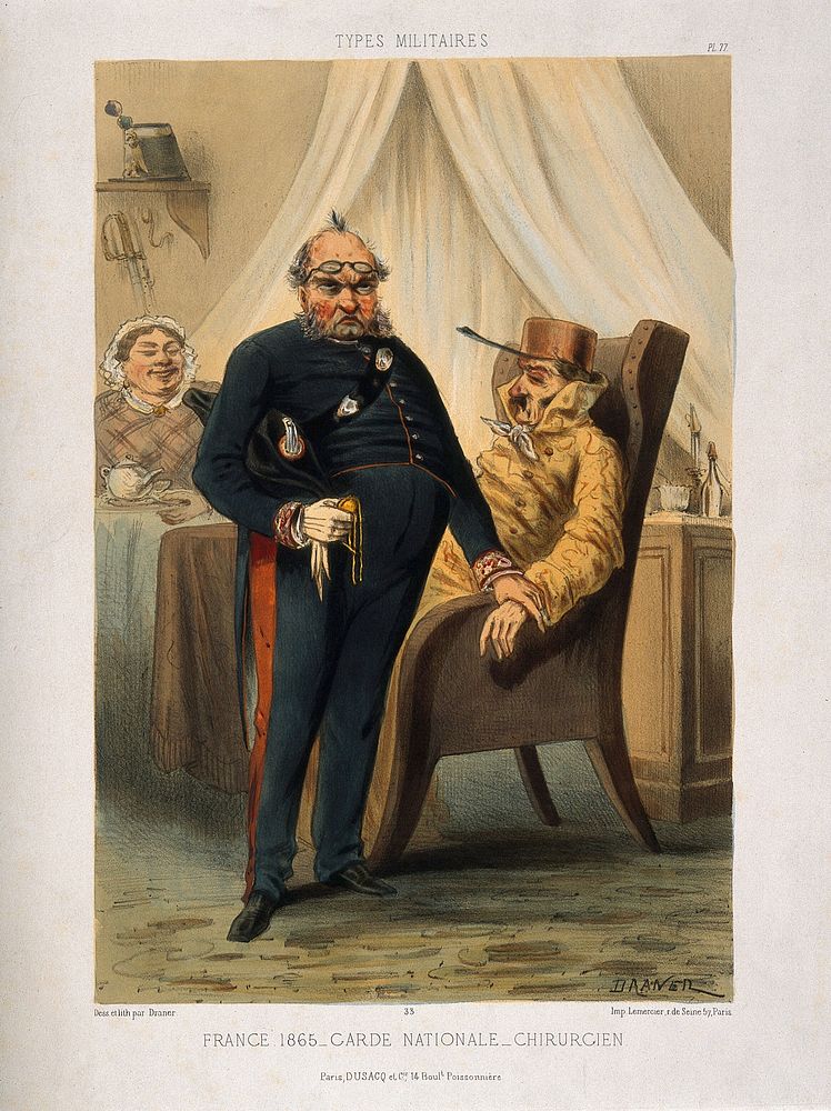 A doctor serving in the French Garde Nationale (reserves) feeling the pulse of a frail old man who is seated in an armchair…