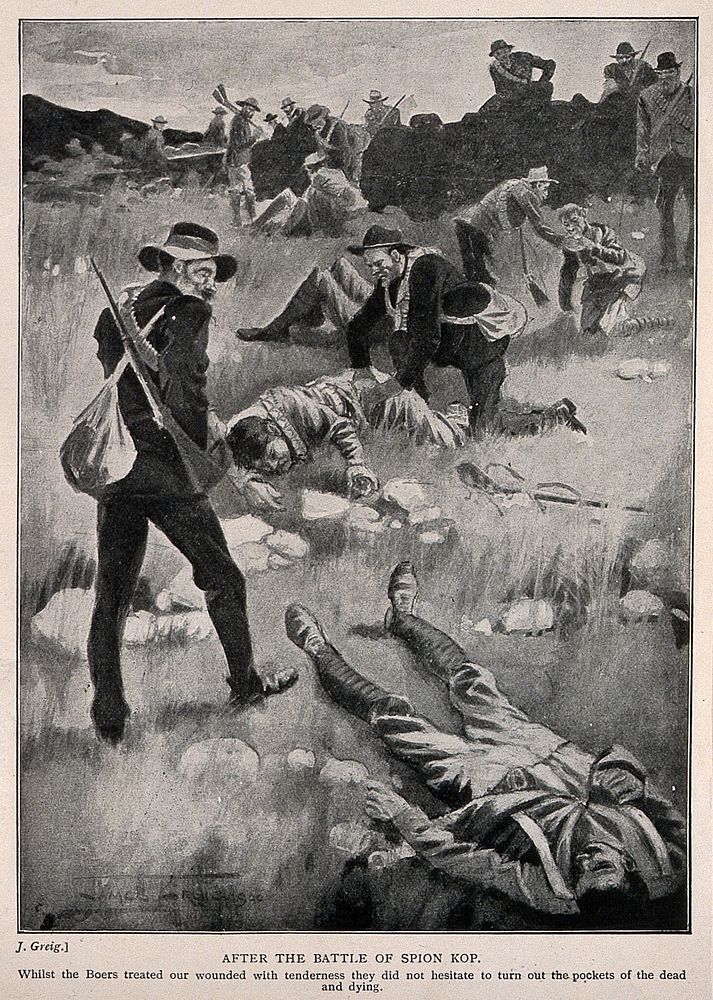 Boer War: Boer soldiers tending the injured British soldiers and also robbing the dead. Process print after J. Greig.