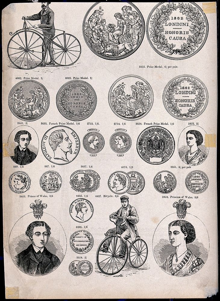 A selection of French and British prize medals. Etching.
