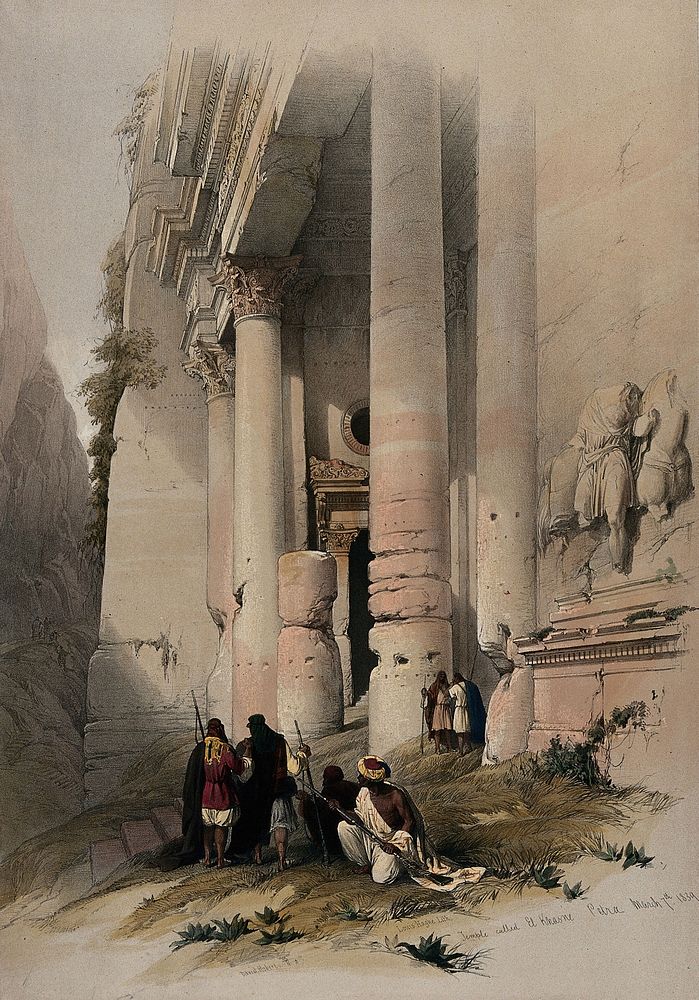 El Khasnè at Petra: side view of the lower part. Coloured lithograph by Louis Haghe after David Roberts, 1849.