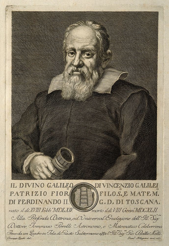 Galileo Galilei. Line engraving by F. Allegrini, 1762, after G. Zocchi after J. Sustermans.