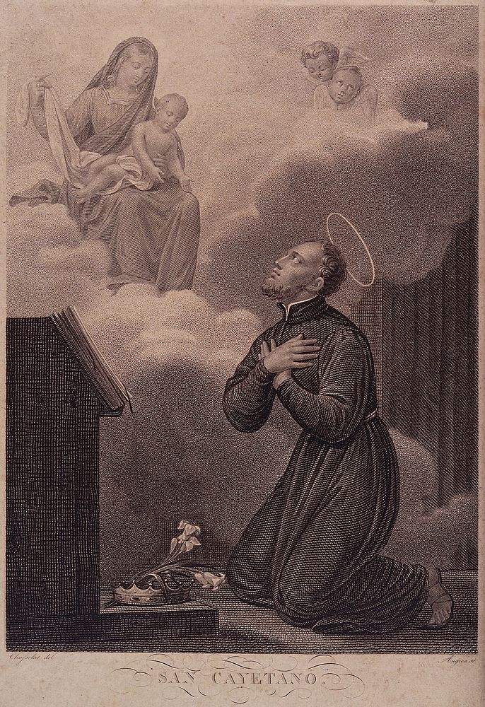 Saint Gaetano kneeling in front of an altar, looking up at the Virgin and Child seated on a cloud. Stipple by Augros after…