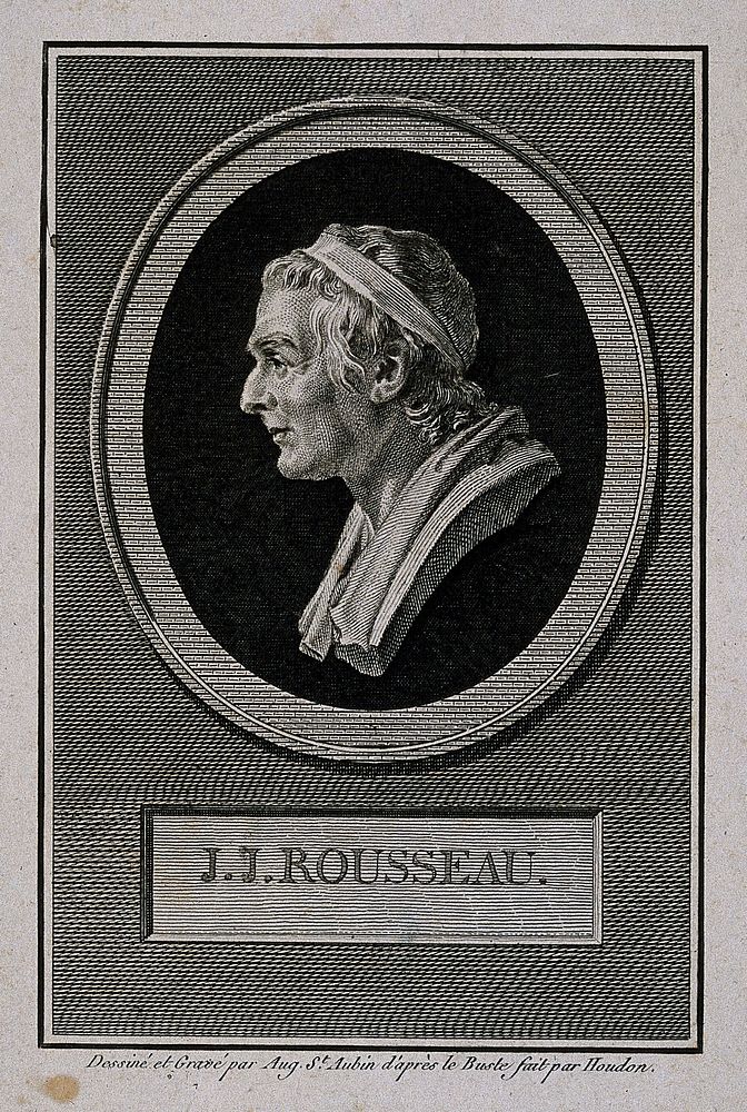 Jean-Jacques Rousseau. Line engraving by A. de St Aubin after J. A. Houdon.
