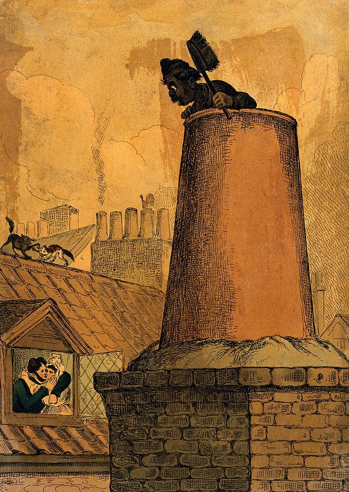 A chimney sweep looks over the top of the chimney from where he can see a man and a woman embracing through an open window.…