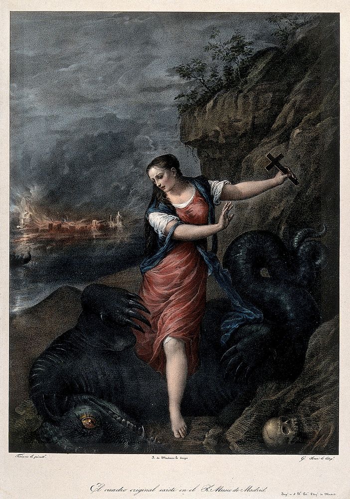 Saint Margaret. Coloured lithograph by G. Sensi y Baldachi after Titian.