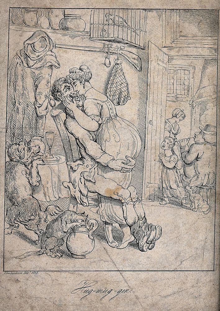A man and a young woman embrace each other: they are are watched by a girl and a dog standing at the door. Etching by Thomas…
