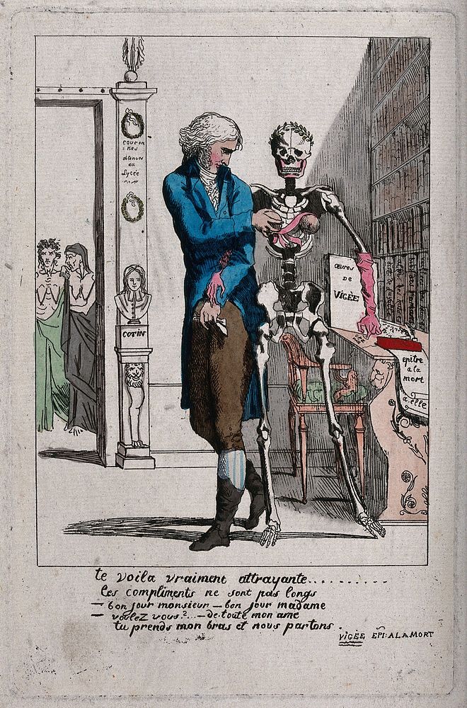 A man with a female skeleton. Etching.
