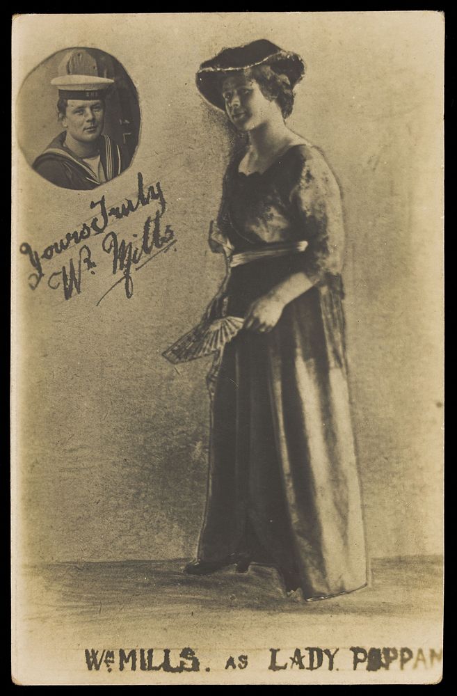 A sailor called William Mills in drag and in naval uniform. Photographic postcard, 191-.