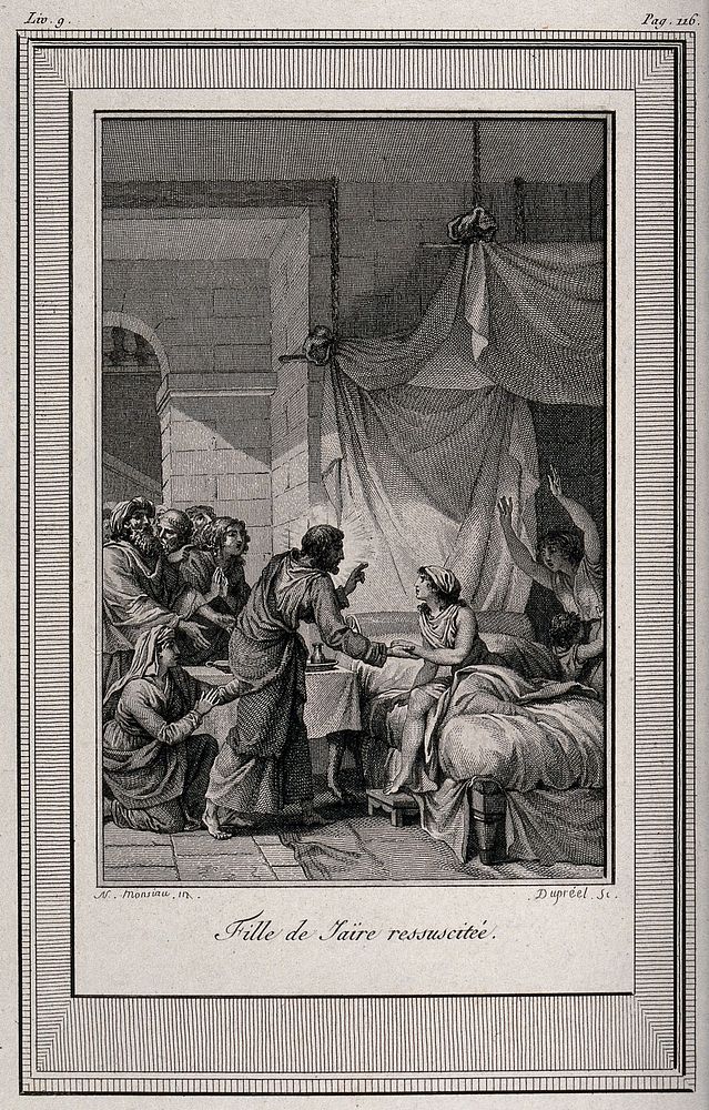 Christ raises Jairus' daughter. Etching by Dupréel after N.A. Monsiaux.