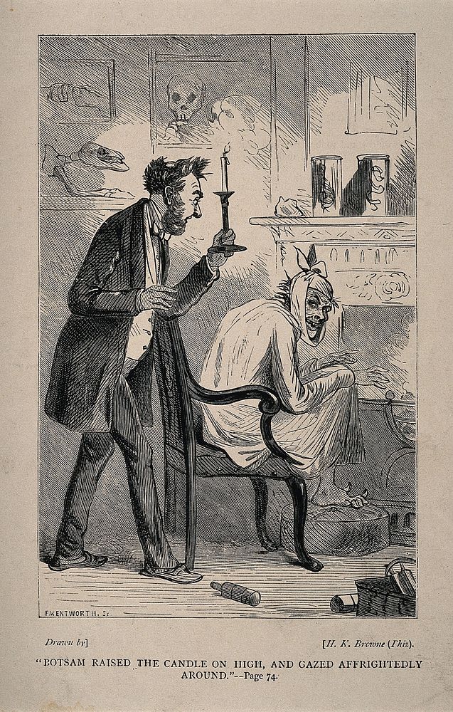A man with toothache sits in his nightgown, with a handkerchief around his face, in a surgery [], and is discovered by…