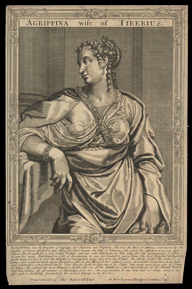 Vipsania Agrippina, wife of Tiberius Caesar. Line engraving, 16--, after A. Sadeler after Titian.