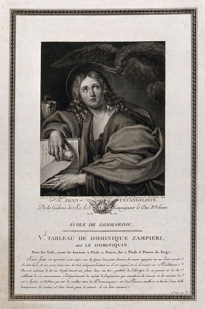 Saint John the Evangelist. Line engraving by I.A. Bersenieff after I.J. Vandenberghe after D. Zampieri, il Domenichino.