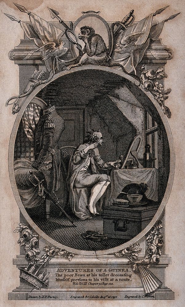 A man is sitting in front of a mirror combing his hair. Engraving by C. Warren, after E.F. Burney.