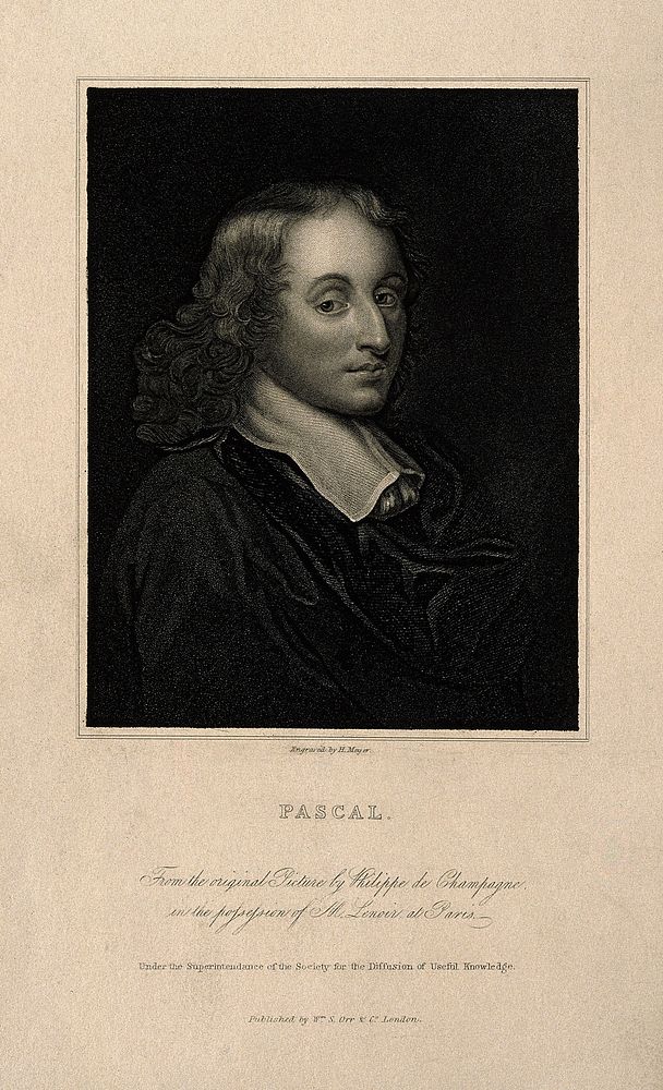 Blaise Pascal. Stipple engraving by H. Meyer after F. Quesnel, junior.