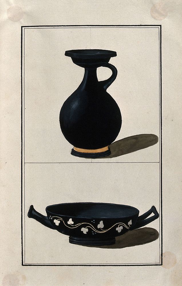 Above, black-ground Greek pouring vessel (lekythos); below, black-ground Greek cup decorated with stylised vine leaves.…