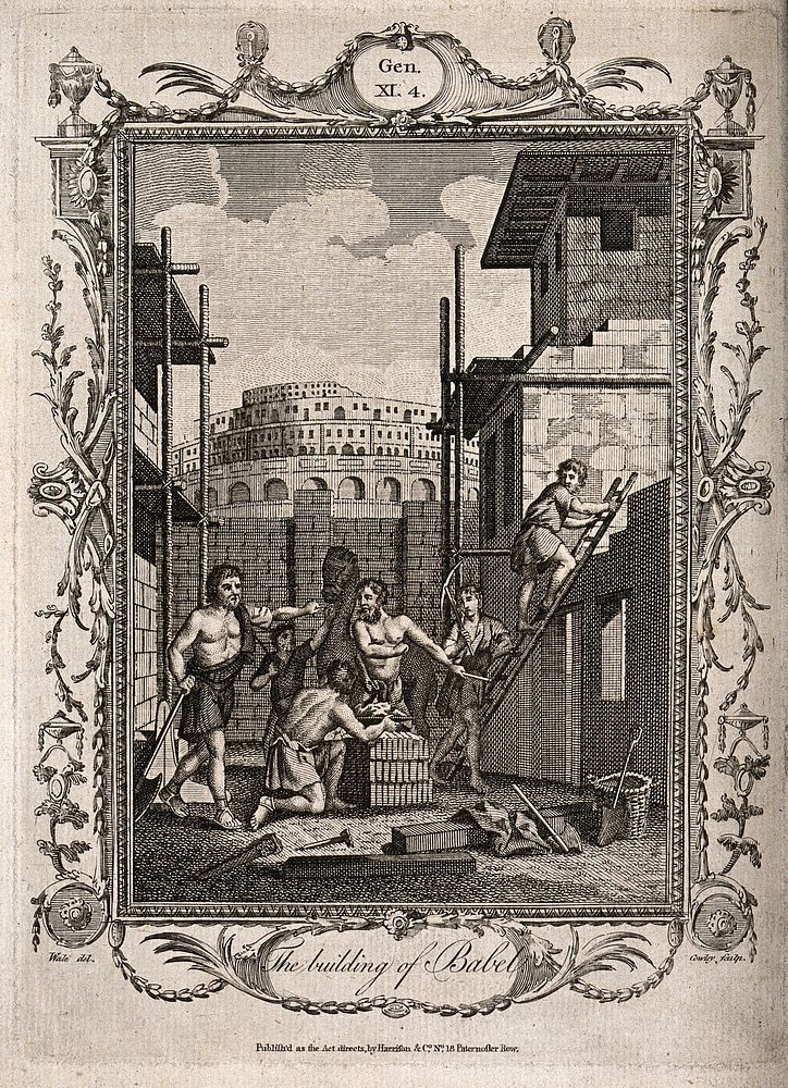 Six men construct a section of the Tower of Babel. Etching by Cowley after S. Wale.