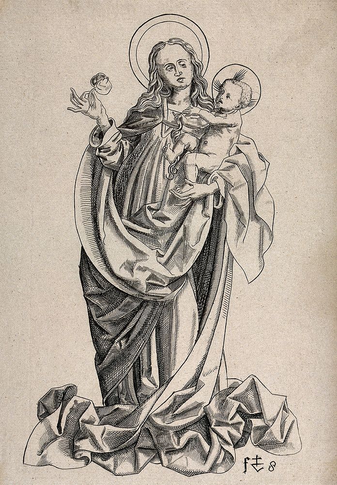 Saint Mary (the Blessed Virgin) with the Christ Child. Engraving by W.Y. Ottley after V. Stoss.