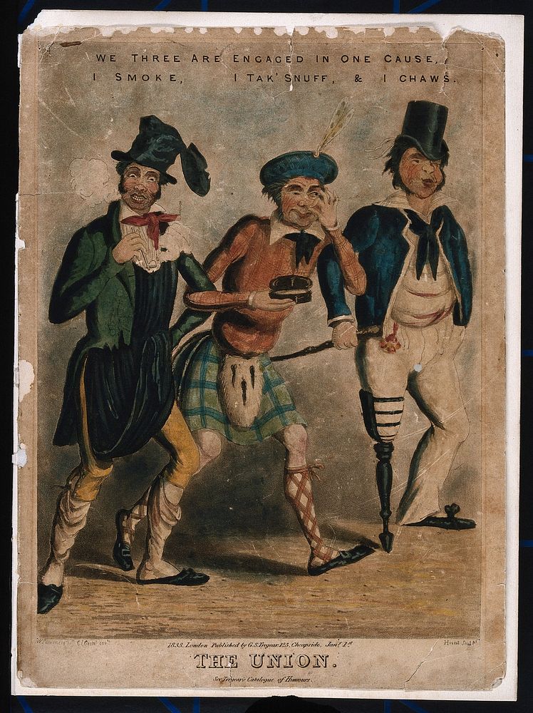 Tobacco: an Irishman, a Scot and an English sailor smoke, take snuff and chew respectively. Coloured aquatint by Hunt, c.…