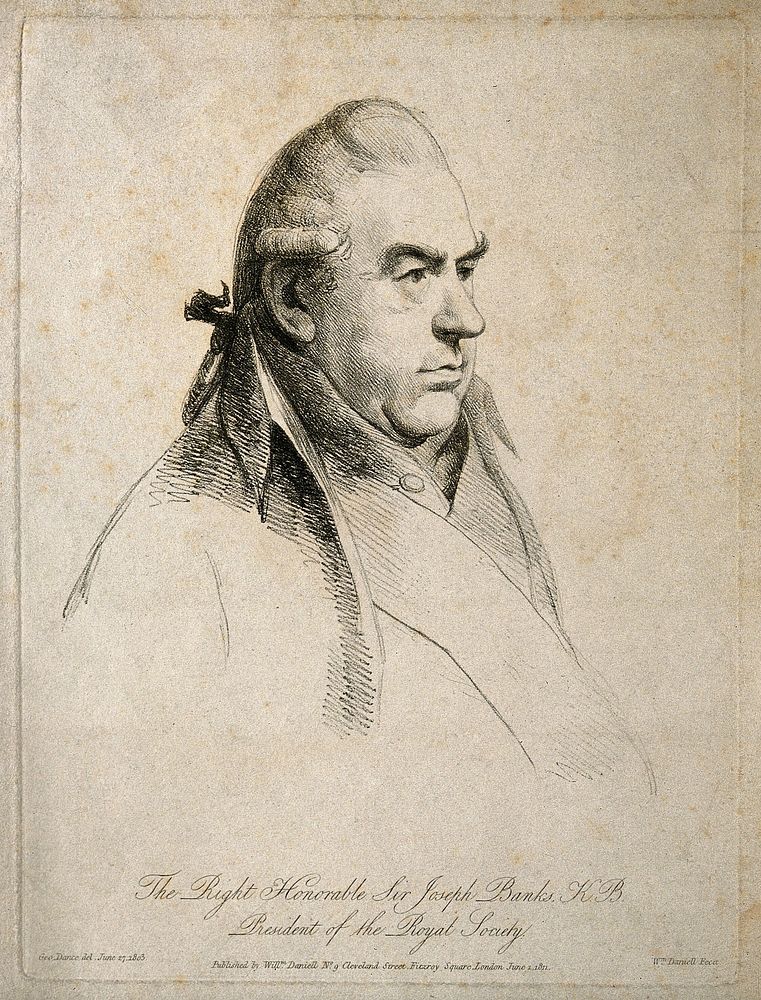 Sir Joseph Banks. Soft-ground etching by W. Daniell, 1811, after G. Dance, 1803.