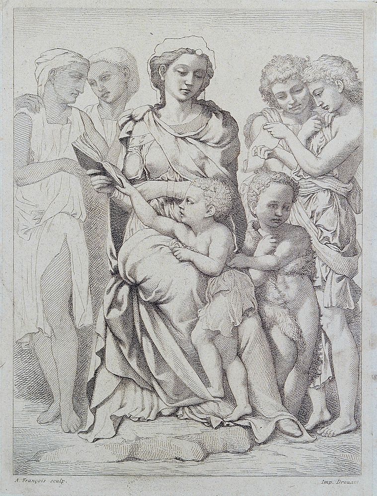 Saint Mary (the Blessed Virgin) with the Christ Child, Saint John the Baptist and angels. Etching by A. François after…