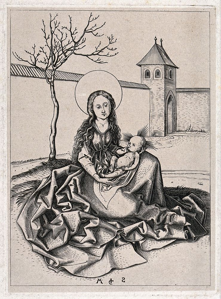 Saint Mary (the Blessed Virgin) with the Christ Child. Engraving by W.Y. Ottley after M. Schongauer.