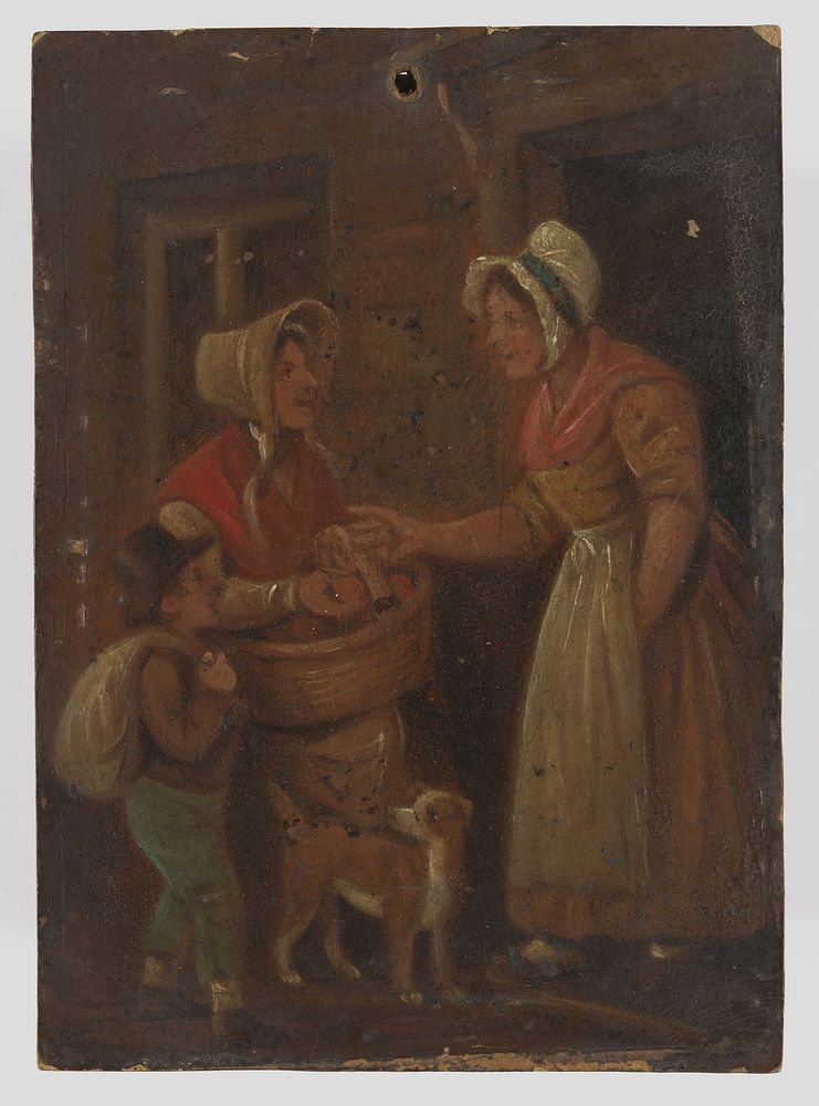 A woman with a basket of fruit, and a boy, offer fruit to a woman in the doorway of her house. Oil painting by S. Jenner.