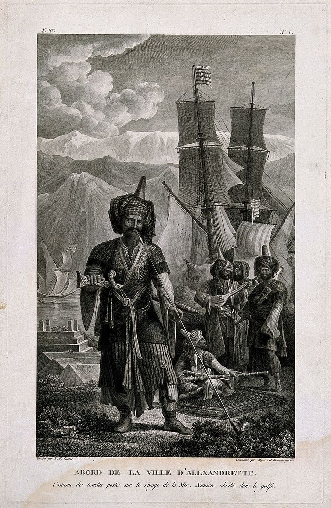 A guardsman standing on the dock in the gulf of Alexandretta, smoking a long-stemmed pipe. Engraving by S. Miger after L. F.…