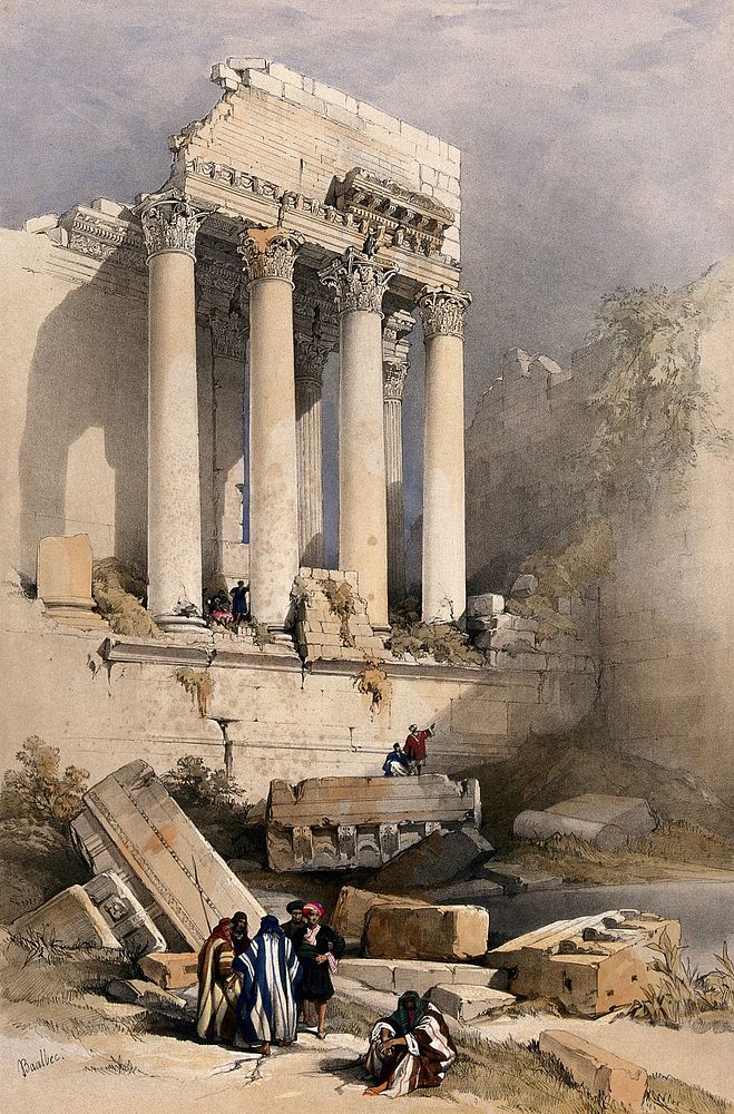 Remains of the western portico at Baalbec. Coloured lithograph by Louis Haghe after David Roberts, 1843.