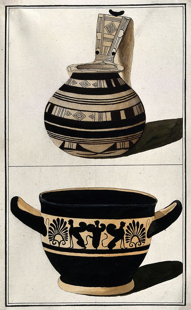 Above, Greek pouring vessel of the geometric period (ca. 770 B.C.); below, black ground Greek bowl (lekane ) decorated with…