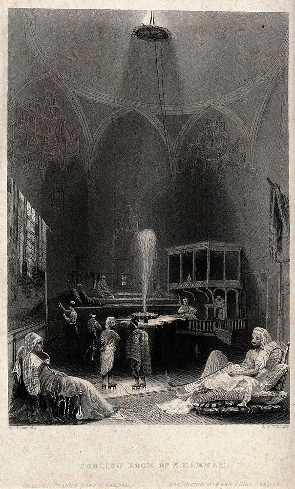 The cooling room of a hammam. Engraving by J.T. Willmore after W.H. Bartlett.