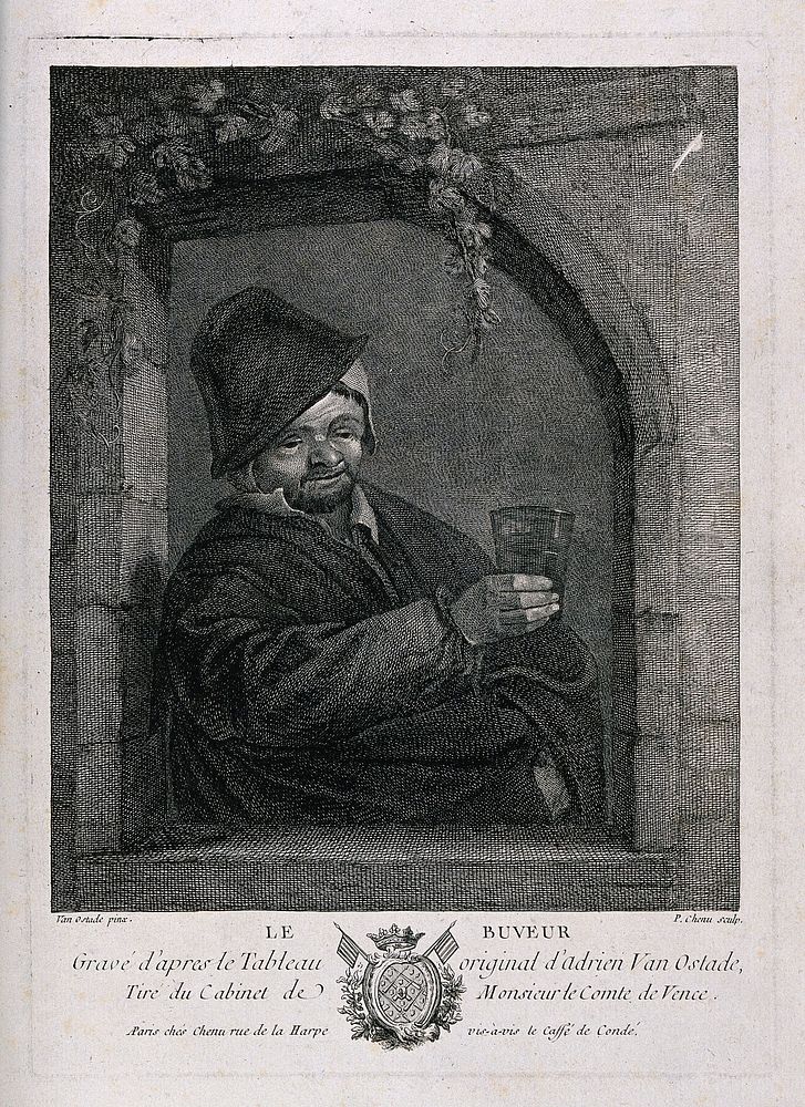 A man with glass in hand stands by a window. Engraving by P. Chenu, 1756, after A. van Ostade.