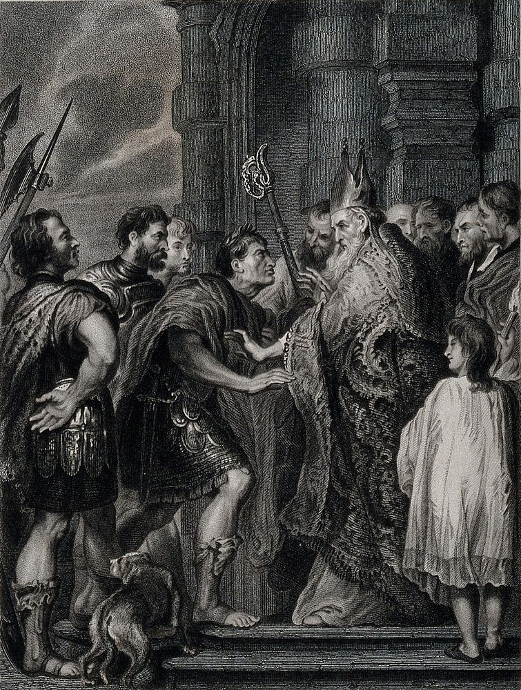Saint Ambrose barring the emperor Theodosius I from Milan Cathedral . Mixed method engraving by S. Freeman, 1832, after Sir…