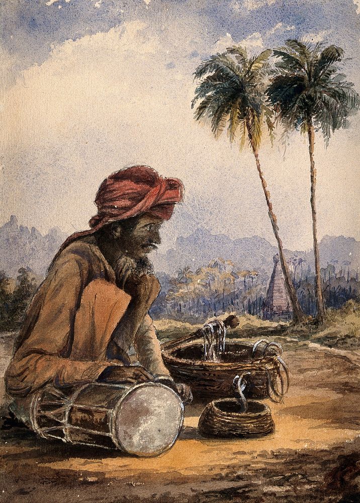A snake charmer from Poonah, India. Watercolour, 1873.