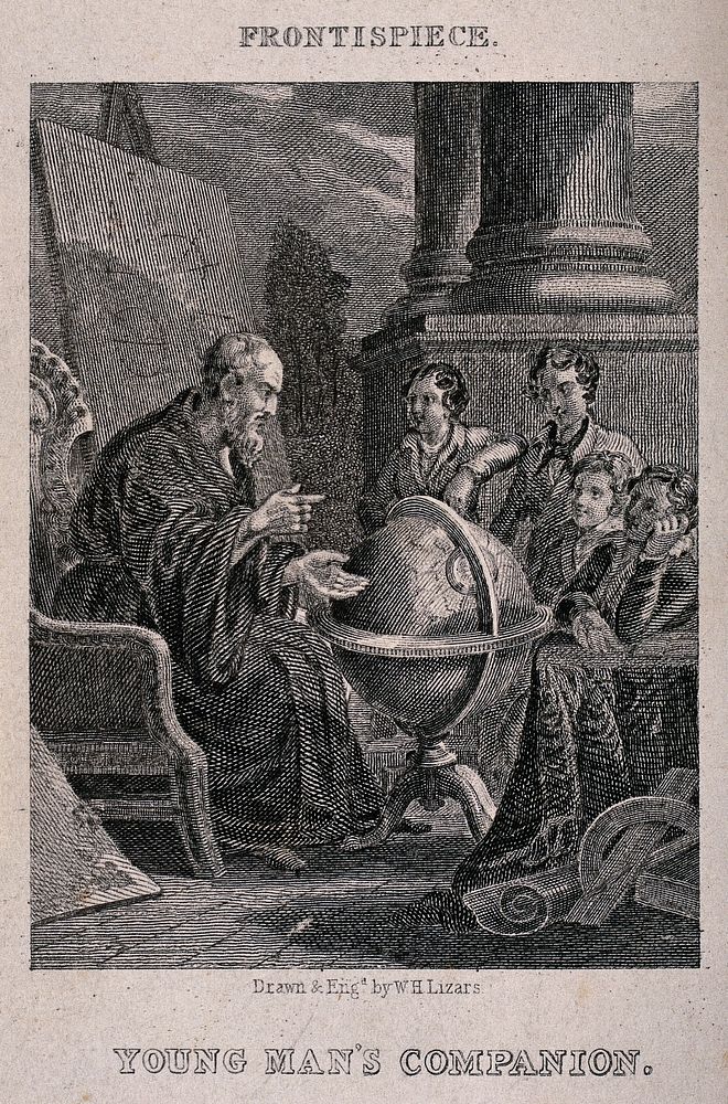 An elderly man is teaching a group of boys the geography of the world from a globe. Engraving by W.H. Lizars after himself.