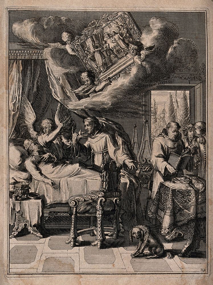 A dying man is given the last rites by two Franciscan monks. Etching.