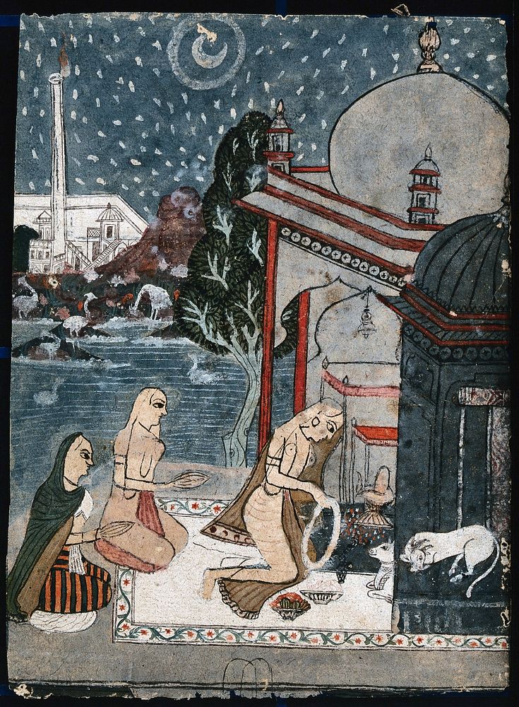 A woman putting a garland around the Shivling while the other two fold their hands to pray. Gouache painting by an Indian…