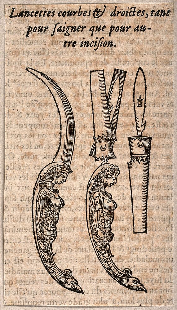 Three lancets for use in incision and bleeding procedures: two lancets have ornamental handles in the grotesque style, while…