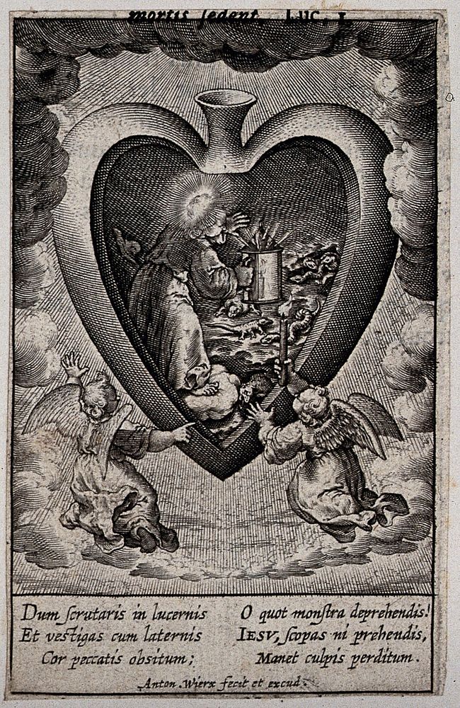 The Christ Child brings light into a heart discovering snakes and other animals. Engraving by A. Wierix, ca. 1600.