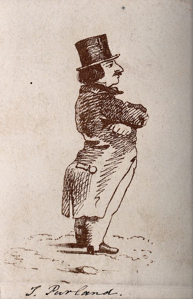 A man wearing a coat and top hat is standing with his arms folded. Etching.