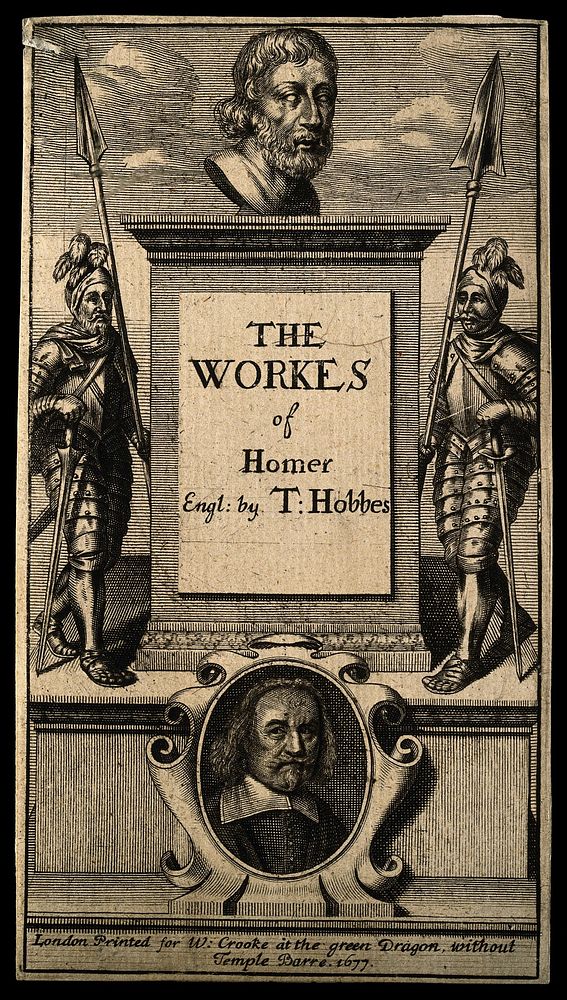Homer; Thomas Hobbes; and warriors from Greece and Troy; representing Hobbes's translation of the works of Homer. Line…