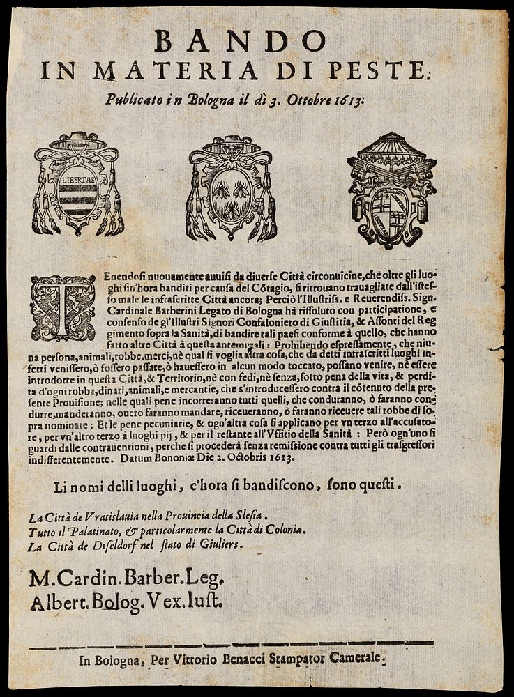 Bando in materia di peste : publicato in Bologna il dì 3. Ottobre 1613 / Cardininale Barberini Legato di Bologna.