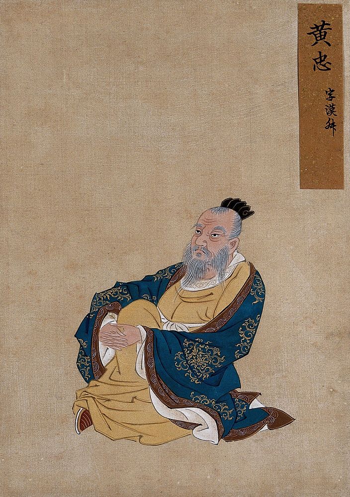 A Chinese figure with white beard, seated wearing indigo coloured silk robes with a brown border and buff undergarments.…