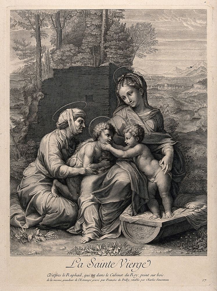Saint Mary (the Blessed Virgin) with the Christ Child, Saint John the Baptist and Saint Elizabeth. Engraving by F. de Poilly…