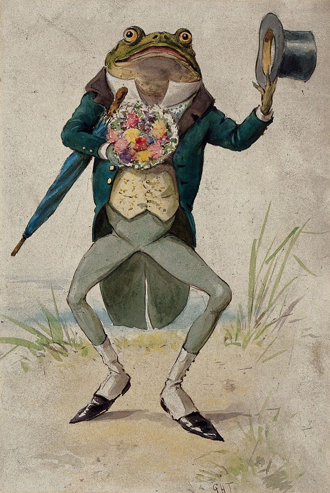 A toad in morning dress, holding an umbrella and a bunch of flowers. Watercolour by G. Hope Tait, ca. 1900.