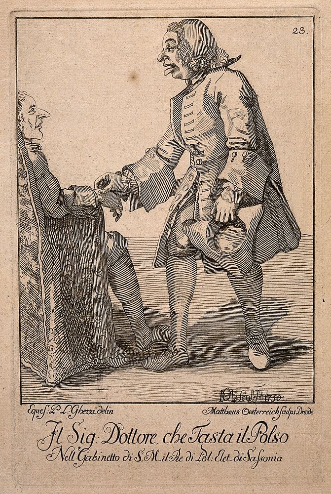A doctor takes the pulse of a patient. Etching by M. Österreich, 1750, after P.L. Ghezzi.