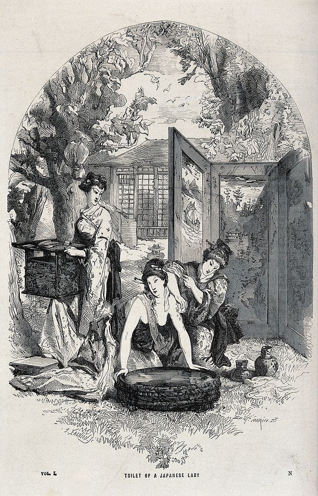 A Japanese woman at her toilet being attended by two maidservants. Wood engraving by E. Morin.